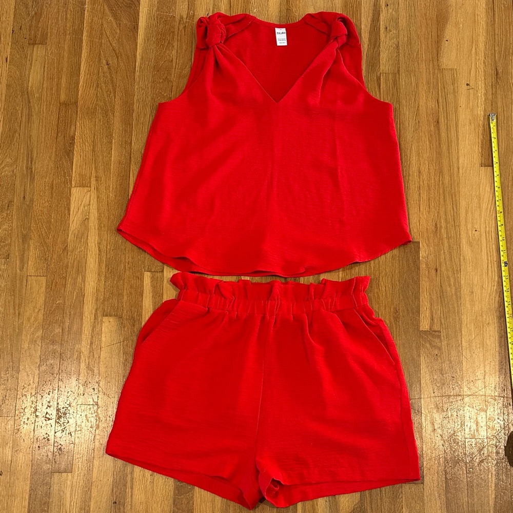 Red Women's Tie-Shoulder Tank & Elastic Waist Shorts Set